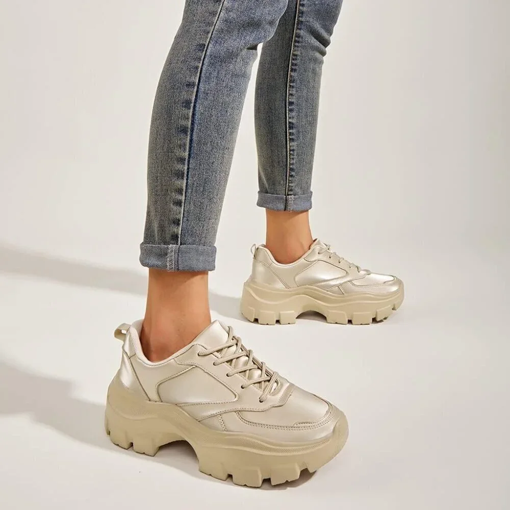 Women Rose Gold Platform Fuchsia Hologram Casual Lace-Up Sneakers